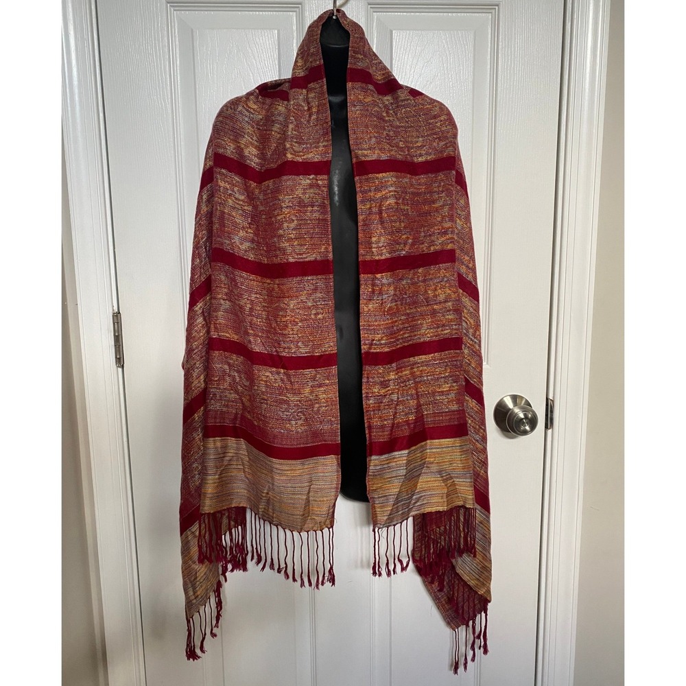Pashmina 100% Pashmina Red Striped Fringed Shawl Scarf Wrap Boho Multi Color